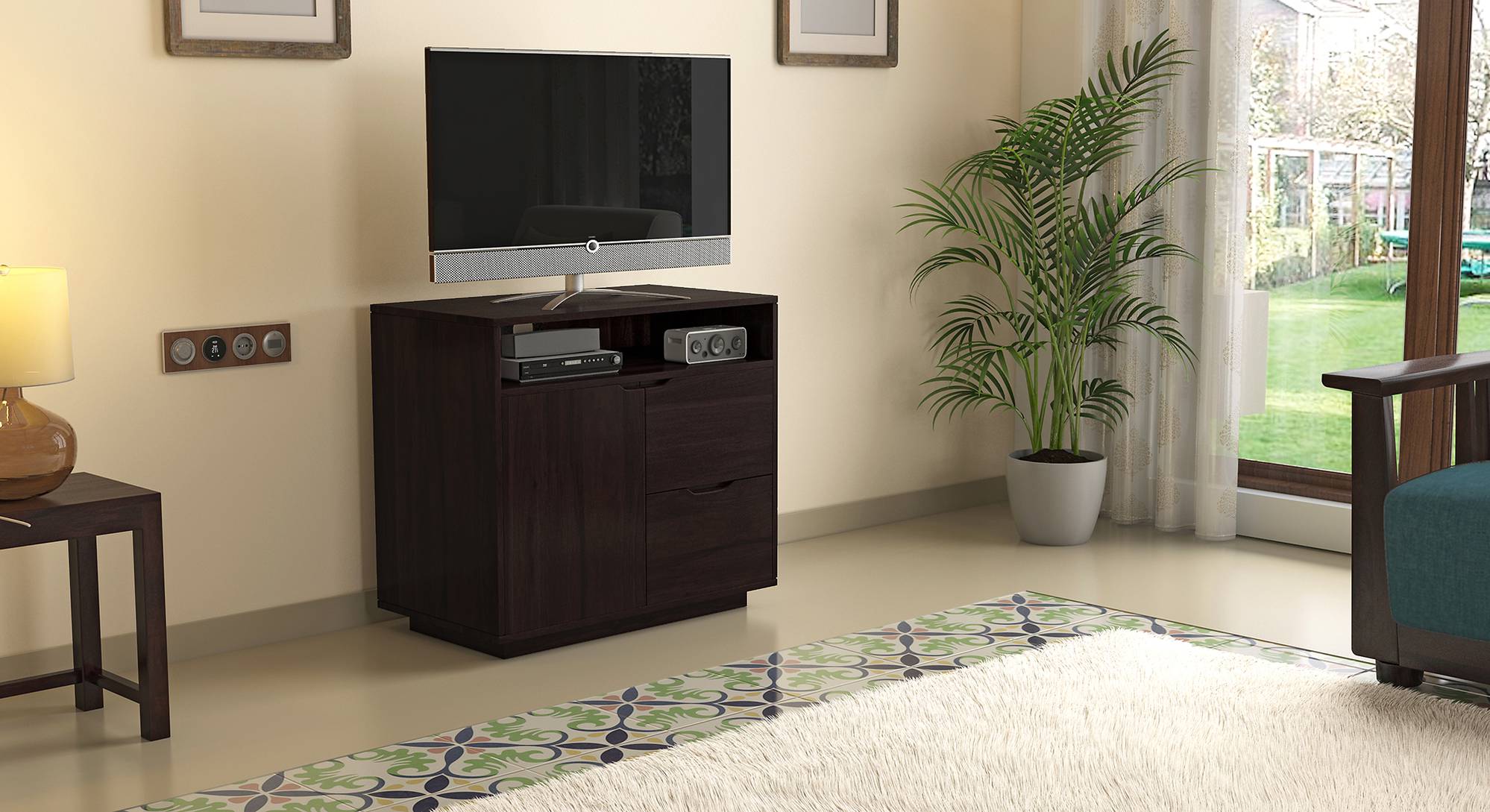 Zephyr Solid Wood Free Standing TV Unit in Teak Finish Urban Ladder