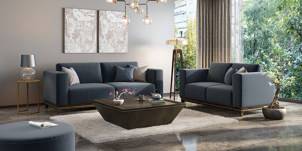 Taarkashi Sofa (Marengo Grey Velvet) (Ottoman Custom Set - Sofas, None Standard Set - Sofas, Fabric Sofa Material, Regular Sofa Size, Regular Sofa Type, Marengo Grey Velvet) by Urban Ladder - - 240447