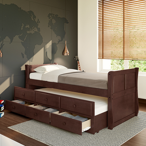 Single Mou Bed With Mattress Design Navis Single Bed with Trundle and Storage (Solid Wood) (Single Bed Size, Dark Walnut Finish)
