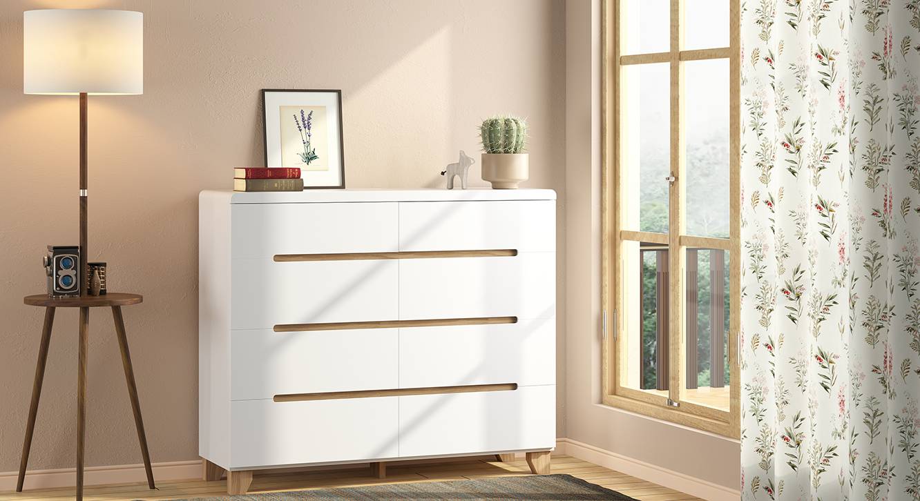 Oslo Engineered Wood Chest of 8 Drawers in White Finish Urban Ladder
