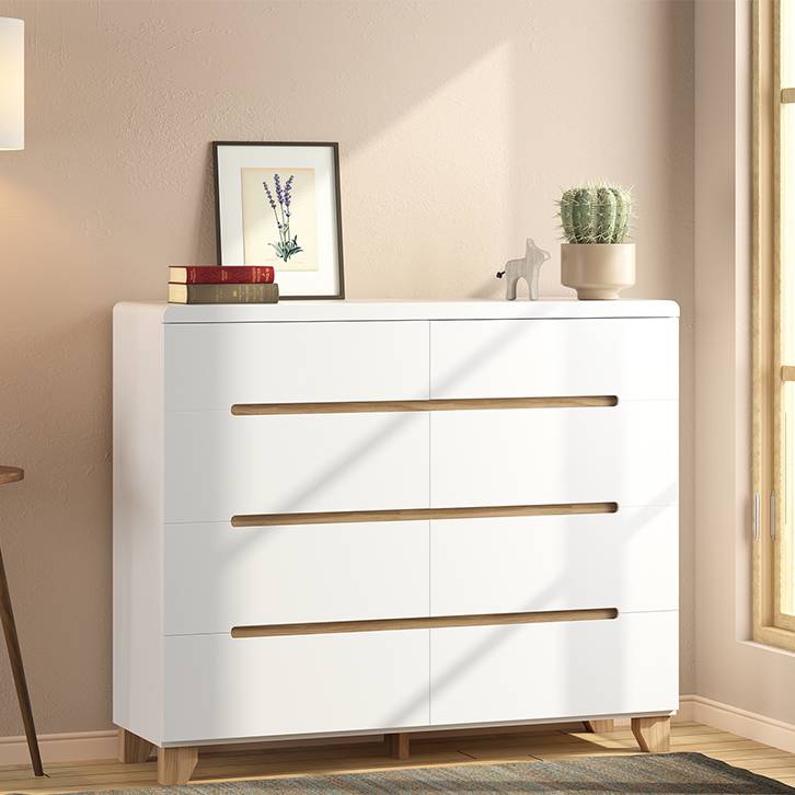 Miadomodo Wooden Rustic Dresser Storage Unit Chest of Drawers 3 Wicker Baskets White Lacquered Sideboard Commode 