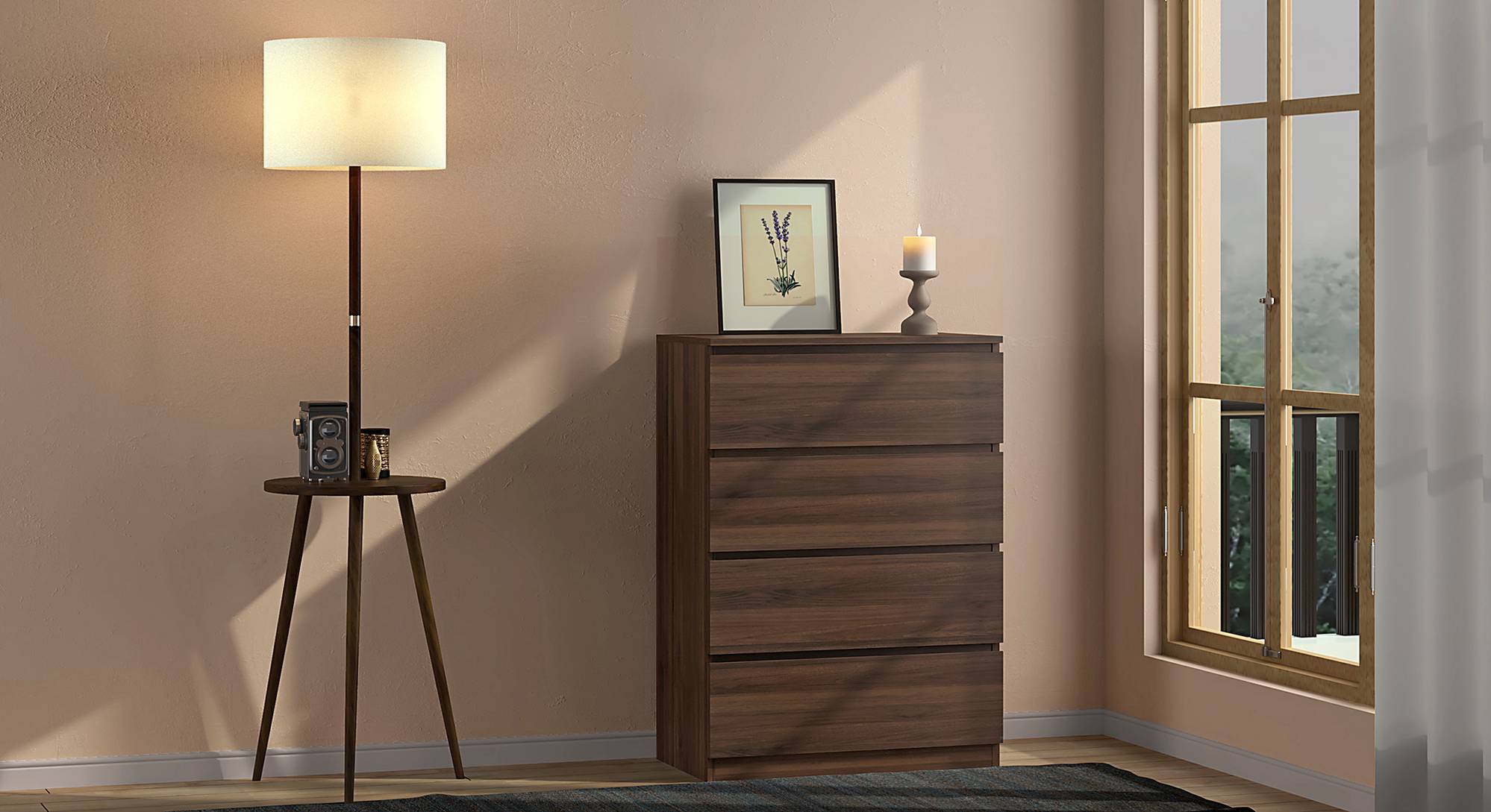 Bocado Compact Engineered Wood Chest of 4 Drawers in Columbian Walnut