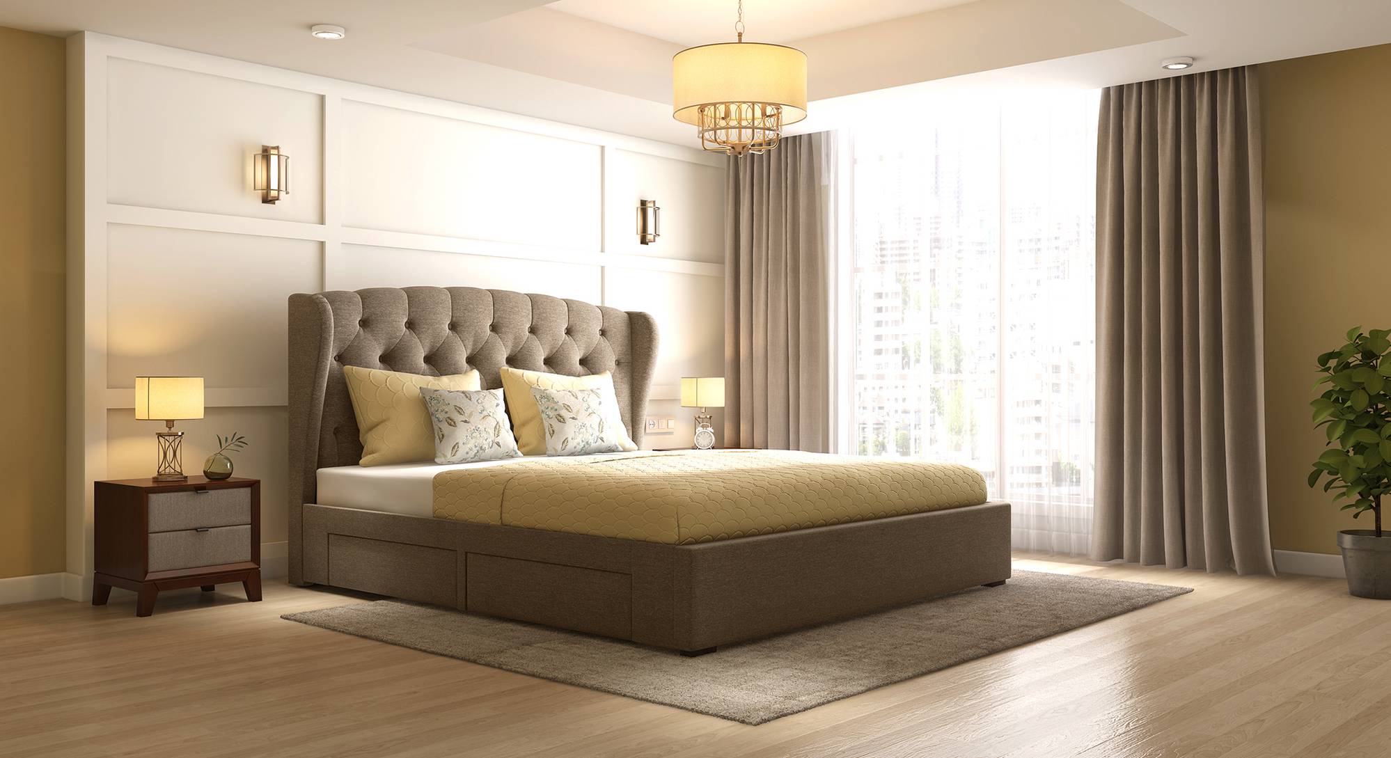 Holmebrook Engineered Wood Queen Size Drawer Storage Upholstered Bed in