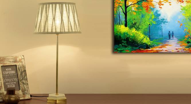 Hexa Table Lamp (Grey Shade Colour, Cotton Shade Material, Brass White) by Urban Ladder - Half View Design 1 - 