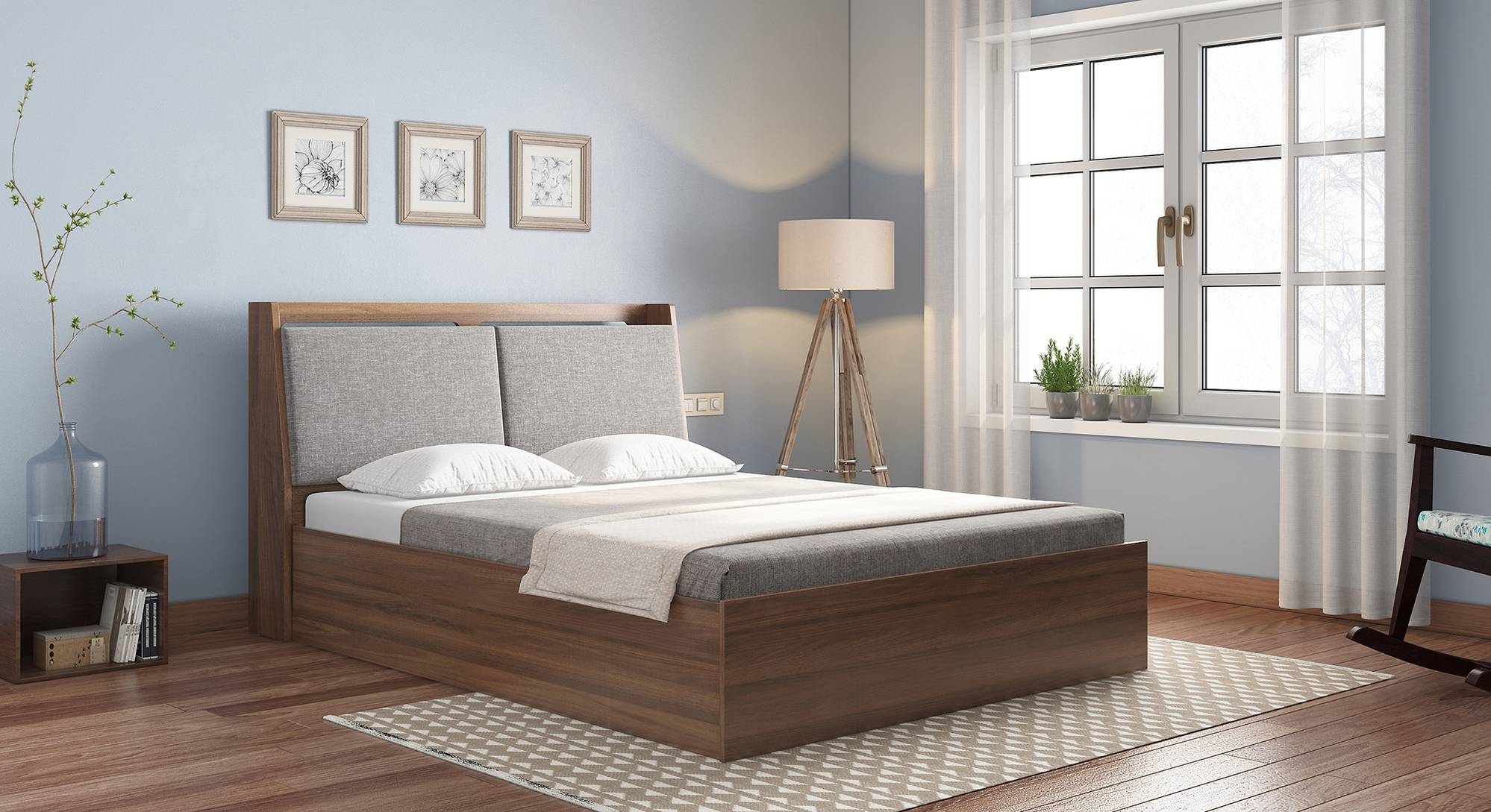 Tyra Engineered Wood Queen Box Storage Bed in Californian Walnut