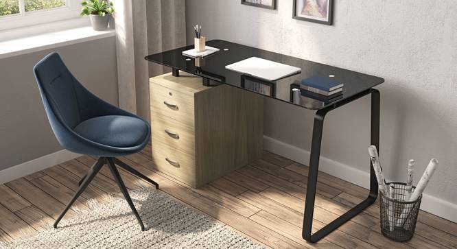 Eddings Glass Top Study Table (Without Keyboard Tray Configuration, Honey Walnut Finish) by Urban Ladder - Full View - 314184
