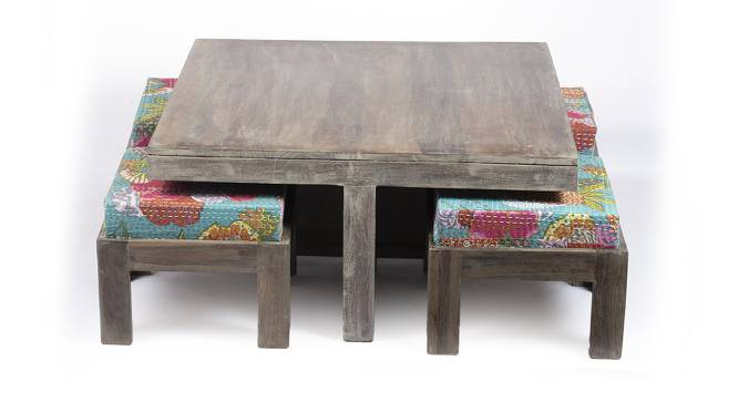 Blane Coffee Table Set - Floral Print Green Kantha (Floral Print Green Kantha, Antique Grey Finish) by Urban Ladder - Front View Design 1 - 357122