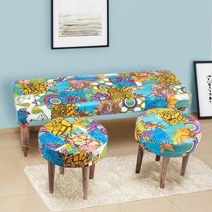 All Products Sale Design Cairo Bench Set With 2 Stool - Multicolour Patch Kantha (Teak Finish, Multicolour Patch Kantha)