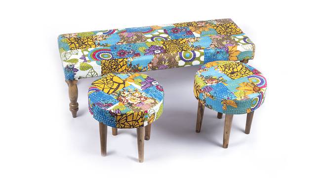 Cairo Bench Set With 2 Stool - Multicolour Patch Kantha (Teak Finish, Multicolour Patch Kantha) by Urban Ladder - Cross View Design 1 - 357306