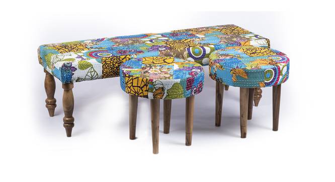 Cairo Bench Set With 2 Stool - Multicolour Patch Kantha (Teak Finish, Multicolour Patch Kantha) by Urban Ladder - Front View Design 1 - 357320