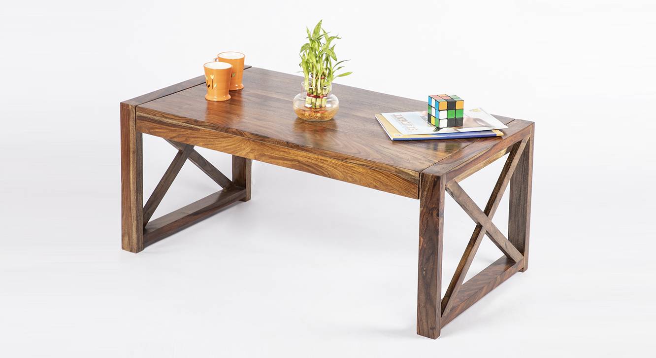 Hudson Rectangular Solid Wood Coffee Table in Teak Finish Urban Ladder