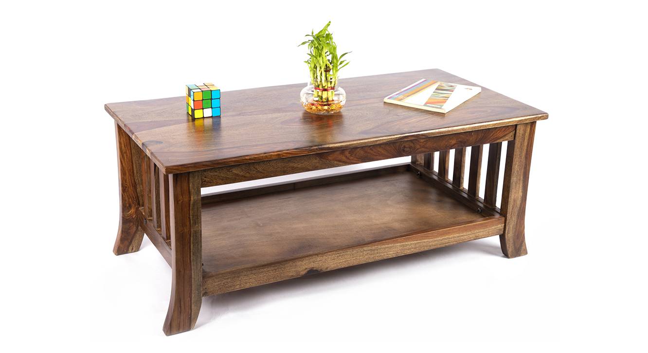 Omar Rectangular Solid Wood Coffee Table in Teak Finish Urban Ladder