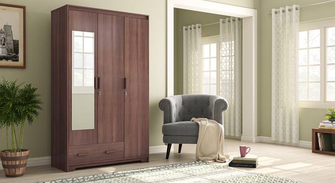 Hilton 3 Door Wardrobe (1 Drawer Configuration, With Mirror, Spiced Acacia Finish, With Lock) by Urban Ladder - Full View Design 1 - 384108