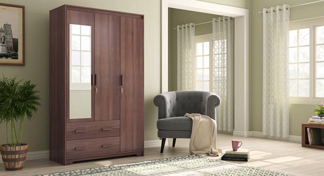 Hilton 3 Door Wardrobe (2 Drawer Configuration, With Mirror, Spiced Acacia Finish, With Lock) by Urban Ladder - Full View Design 1 - 384110