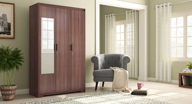 Hilton 3 Door Wardrobe (With Mirror, Without Drawer Configuration, Spiced Acacia Finish, With Lock) by Urban Ladder - Full View Design 1 - 384112