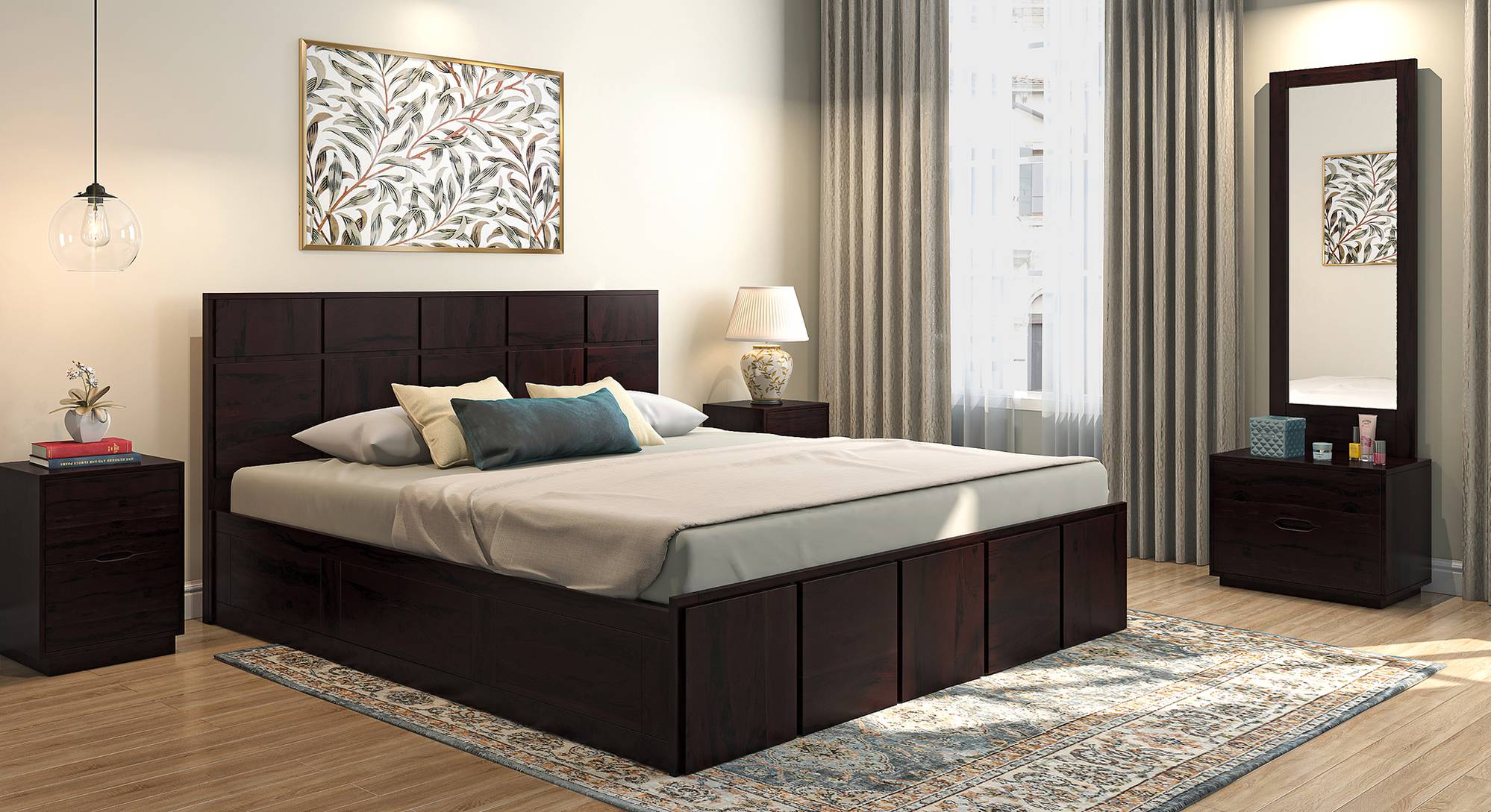 Astoria Solid Wood King Size Box Storage Bed in Mahogany Finish Urban