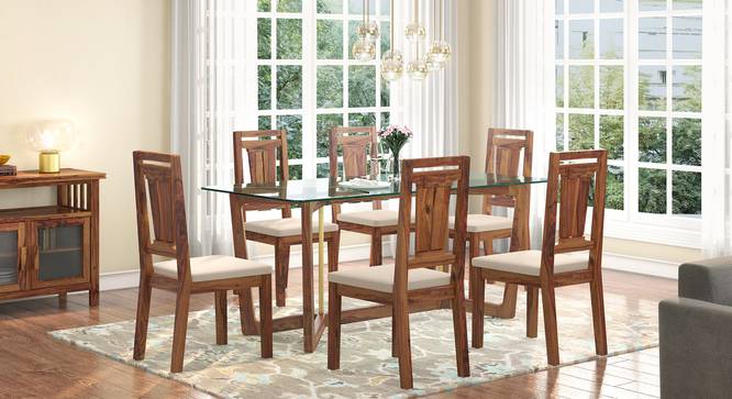 Bourdaine Glass Top 6 Seater Dining Table (Teak Finish) by Urban Ladder - Full View Design 1 - 388019