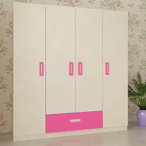 Adona Design Elanza Engineered Wood 4 Door Kids Wardrobe in Light Wood   Barbie Pink Colour