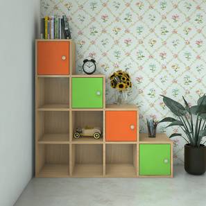 Engineered Wood Kids Storage Cabinet in Light Orange Verdant Green Colour