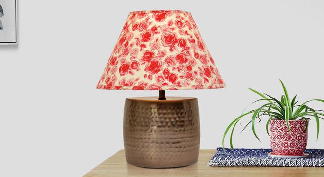 Malana Table Lamp (Antique Brass, Cotton Shade Material, Large Size, Rose Flower Print Pink Shade Colour) by Urban Ladder - Front View Design 1 - 397957