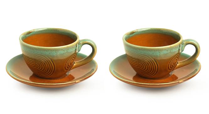 Ellona Tea Cups & Saucers (Set Of 2 Set, Caramel Brown & Sea Green) by Urban Ladder - Front View Design 1 - 429527