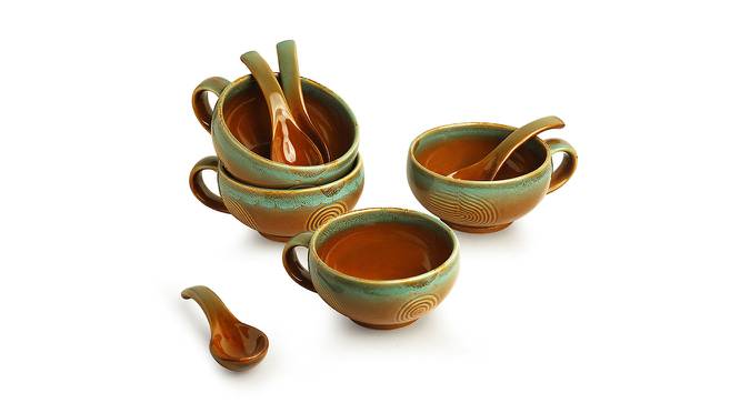 Ellona Soup Bowls With Spoons (Set Of 4 Set, Caramel Brown & Sea Green) by Urban Ladder - Front View Design 1 - 429530