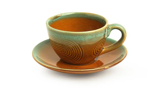 Ellona Tea Cups & Saucers (Set Of 4 Set, Caramel Brown & Sea Green) by Urban Ladder - Cross View Design 1 - 429542