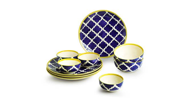 Lauren Dinner Plates With Katoris & Serving Bowls Set of 10 (Blue, White & Yellow, set of 10 Set) by Urban Ladder - Front View Design 1 - 430596