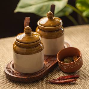 Kitchen Organizers Design Oaters Jar With Hand Carved TraySet of 2 (Brown)