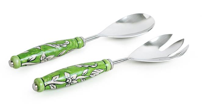 The Zahri Serving Spoon & Fork Set of 2 (Silver & Multicolour) by Urban Ladder - Front View Design 1 - 433366
