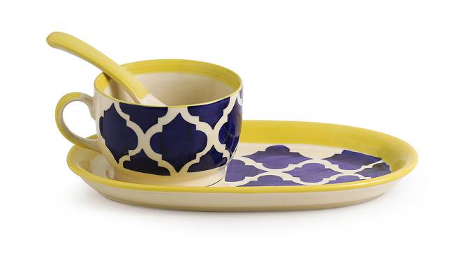Tristan Soup Bowl With Spoon and Tray Set of 3 (Blue, White & Yellow) by Urban Ladder - Cross View Design 1 - 433378