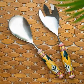 Cutlery Design Valerie Serving Spoon & Fork Set of 2 (Silver & Multicolour)