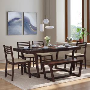 Rectangle All 6 Seater Dining Table Sets Design Caprica 6 Seater Dining Table Set (with Bench) (Sandshell Beige, Mango Walnut Finish)