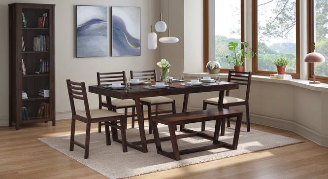 Caprica 6 Seater Dining Table Set (with Bench) (Sandshell Beige, Mango Walnut Finish) by Urban Ladder - Design 1 Full View - 469355