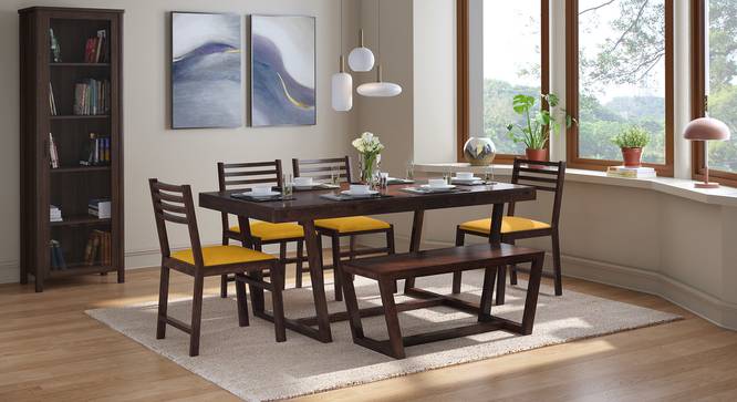 Caprica 6 Seater Dining Table Set (with Bench) (Mango Walnut Finish, Mustard Yellow) by Urban Ladder - Design 1 Full View - 469365