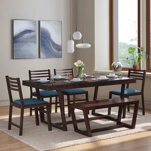 Rectangle All 6 Seater Dining Table Sets Design Caprica 6 Seater Dining Table Set (with Bench) (Colonial Blue, Mango Walnut Finish)