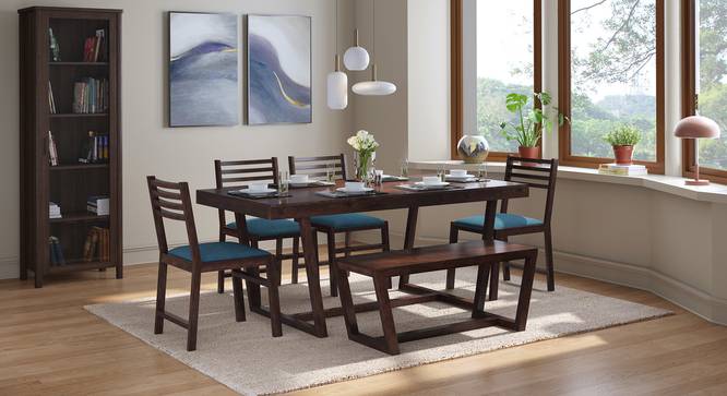 Caprica 6 Seater Dining Table Set (with Bench) (Colonial Blue, Mango Walnut Finish) by Urban Ladder - Design 1 Full View - 469375