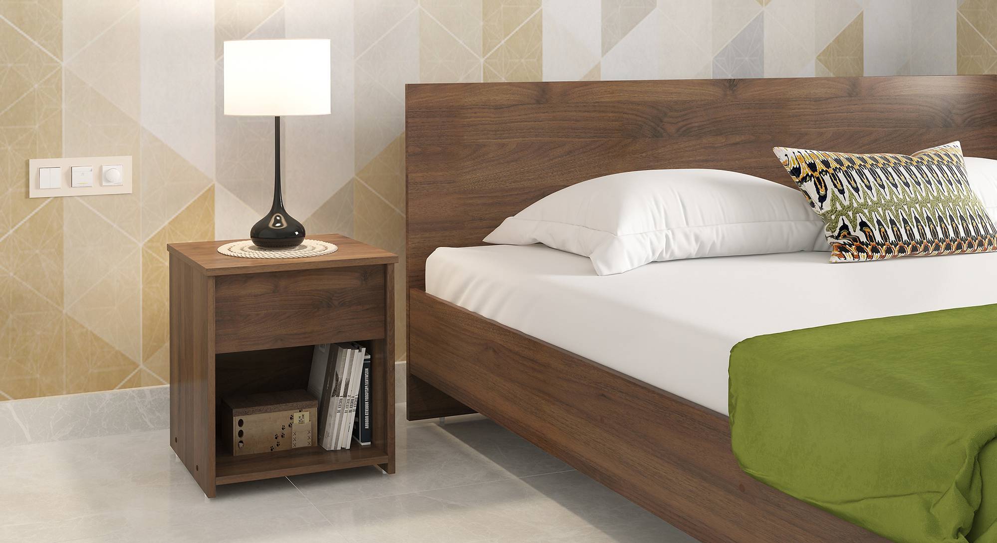 Zoey Engineered Wood Bedside Table in Classic Walnut Finish Urban Ladder