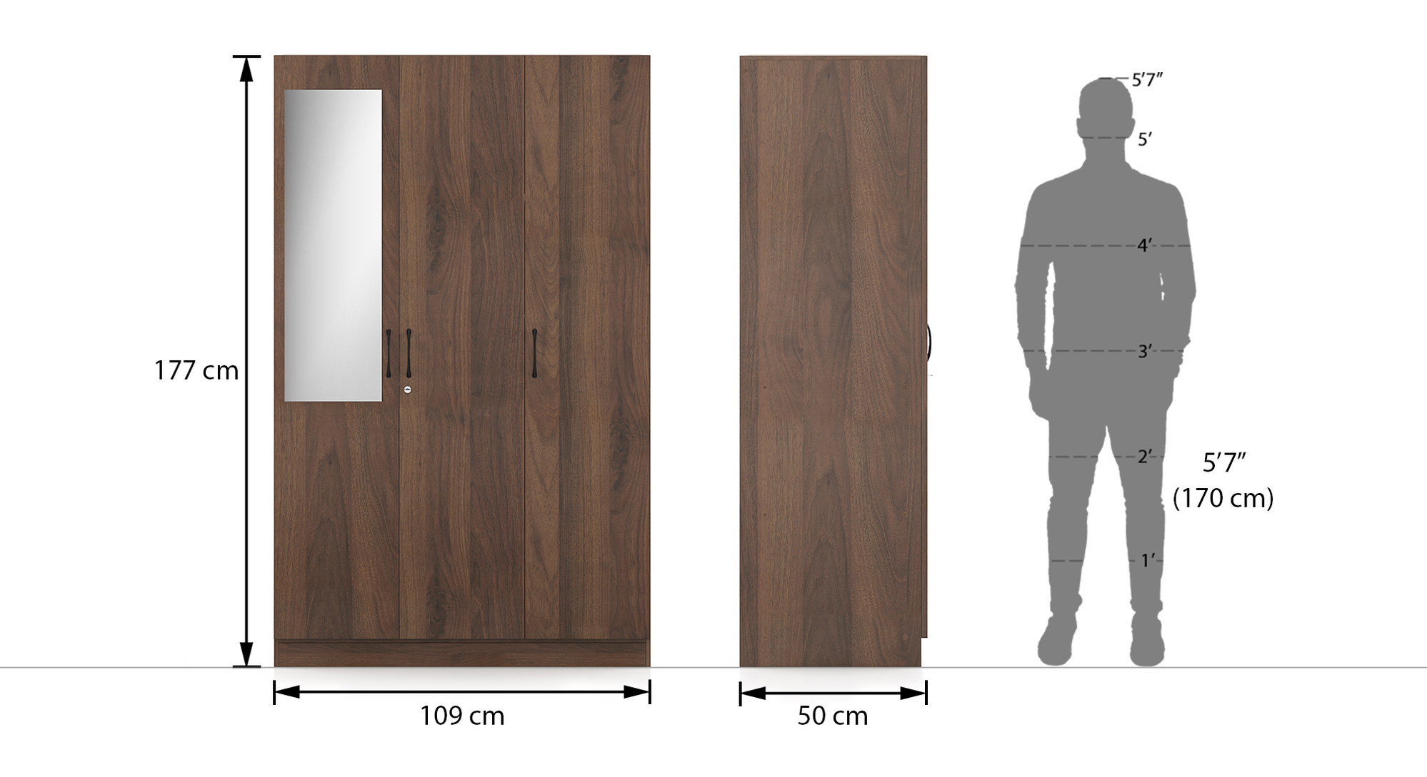 Zoey Engineered Wood 3 Door Wardrobe With Mirror in Classic Walnut