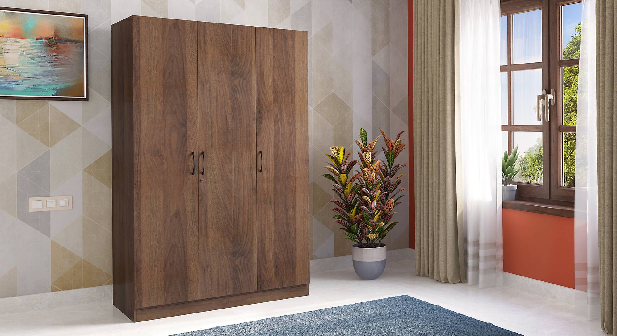 Zoey Engineered Wood 3 Door Wardrobe With Mirror in Classic Walnut
