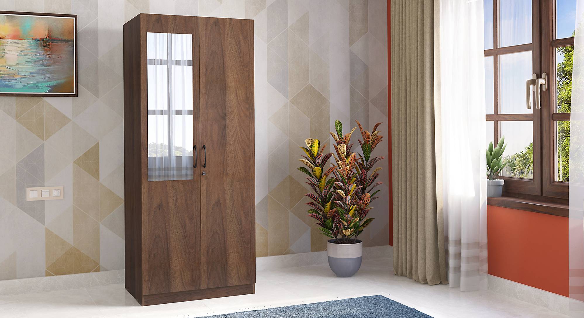 Zoey Engineered Wood 2 Door Wardrobe With Mirror in Dark Wenge Finish