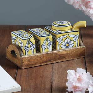 Salt And Pepper Shakers Design Lanah Salt n Pepper with Oil/Sauce Bottle Holder with Tray (Yellow)