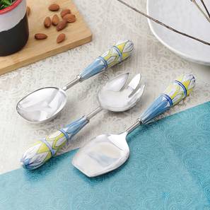 Cutlery Design Indigo Ceramic Handle Steel Serving Spoons Set - Set of 3 (Multicolor)