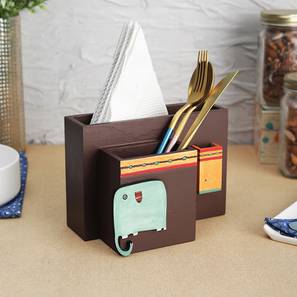 Cutlery Design Wolf Wooden Tissue and Spoon Stand with Toothpick Holder (Brown)