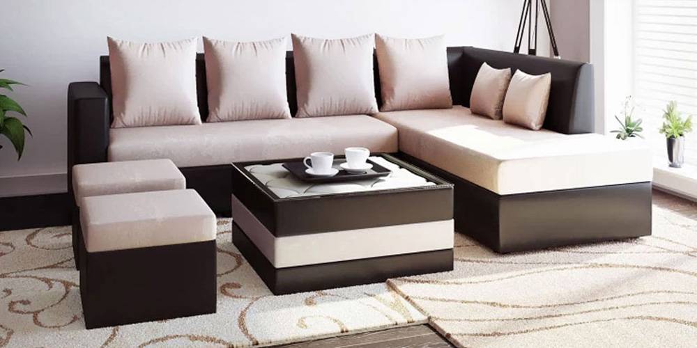 Marbolla Sectional Fabric Sofa with 2 Ottomans & 1 Centre Table (Cream-Brown) by Urban Ladder - - 