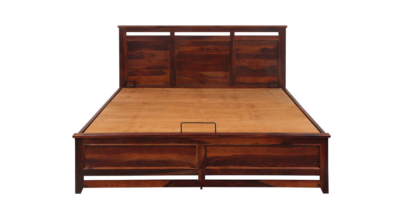 Catherine Solid Wood Queen Size Hydraulic Storage Bed in Walnut Finish Urban Ladder