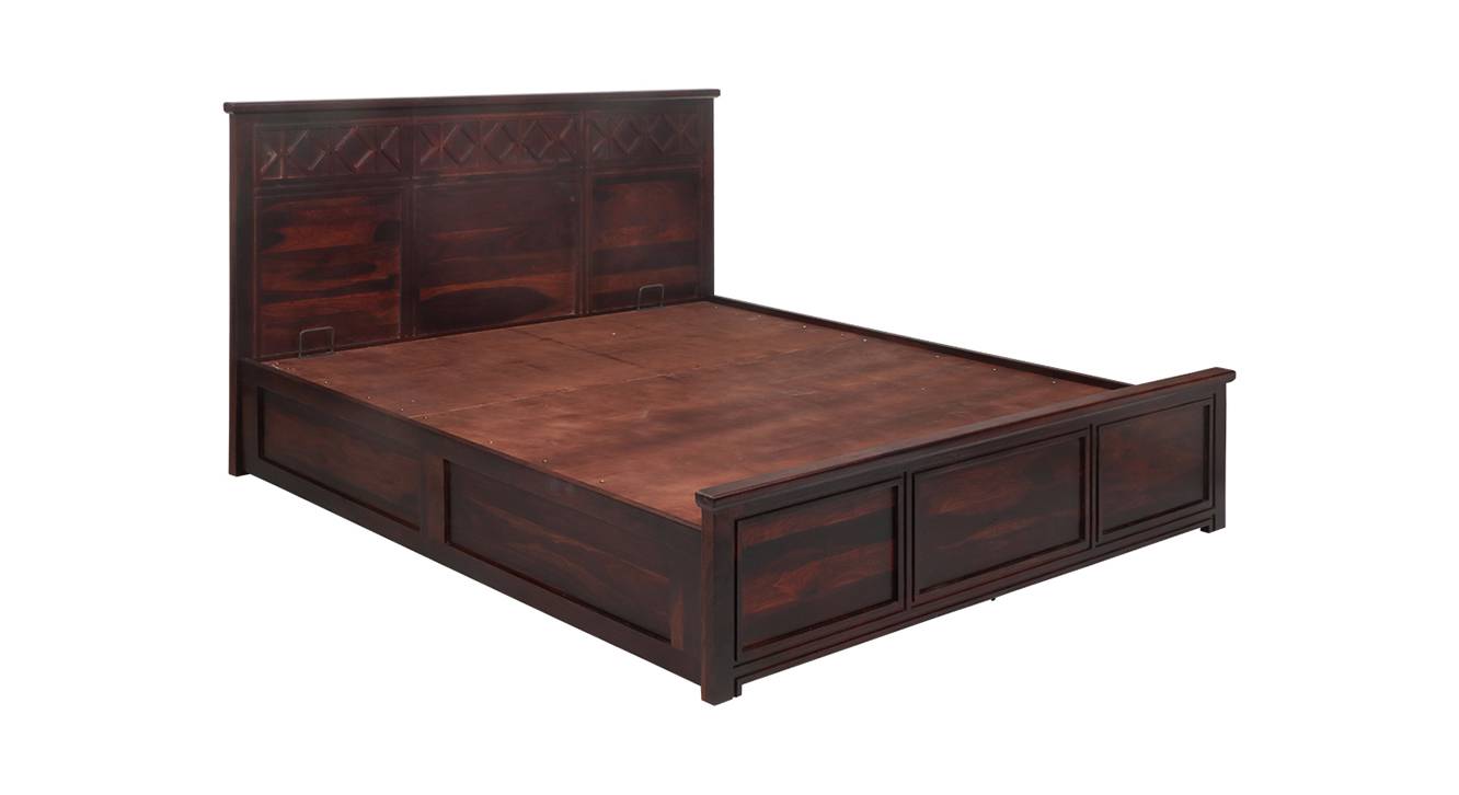 Destiny Solid Wood Queen Size Hydraulic Storage Bed in Walnut Finish