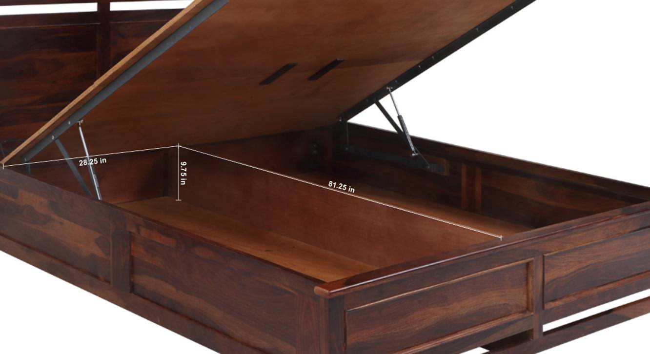 Catherine Solid Wood Queen Size Hydraulic Storage Bed in Walnut Finish Urban Ladder