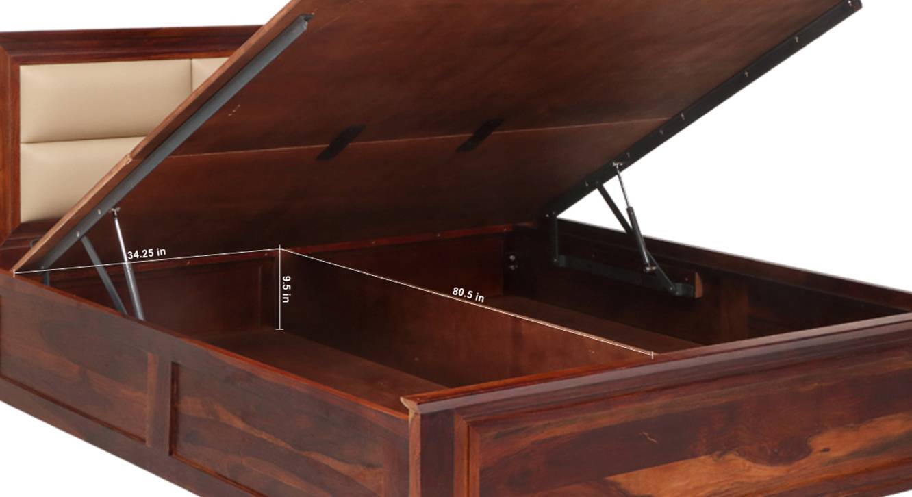 Angela Solid Wood King Size Hydraulic Storage Bed in Walnut Finish Urban Ladder