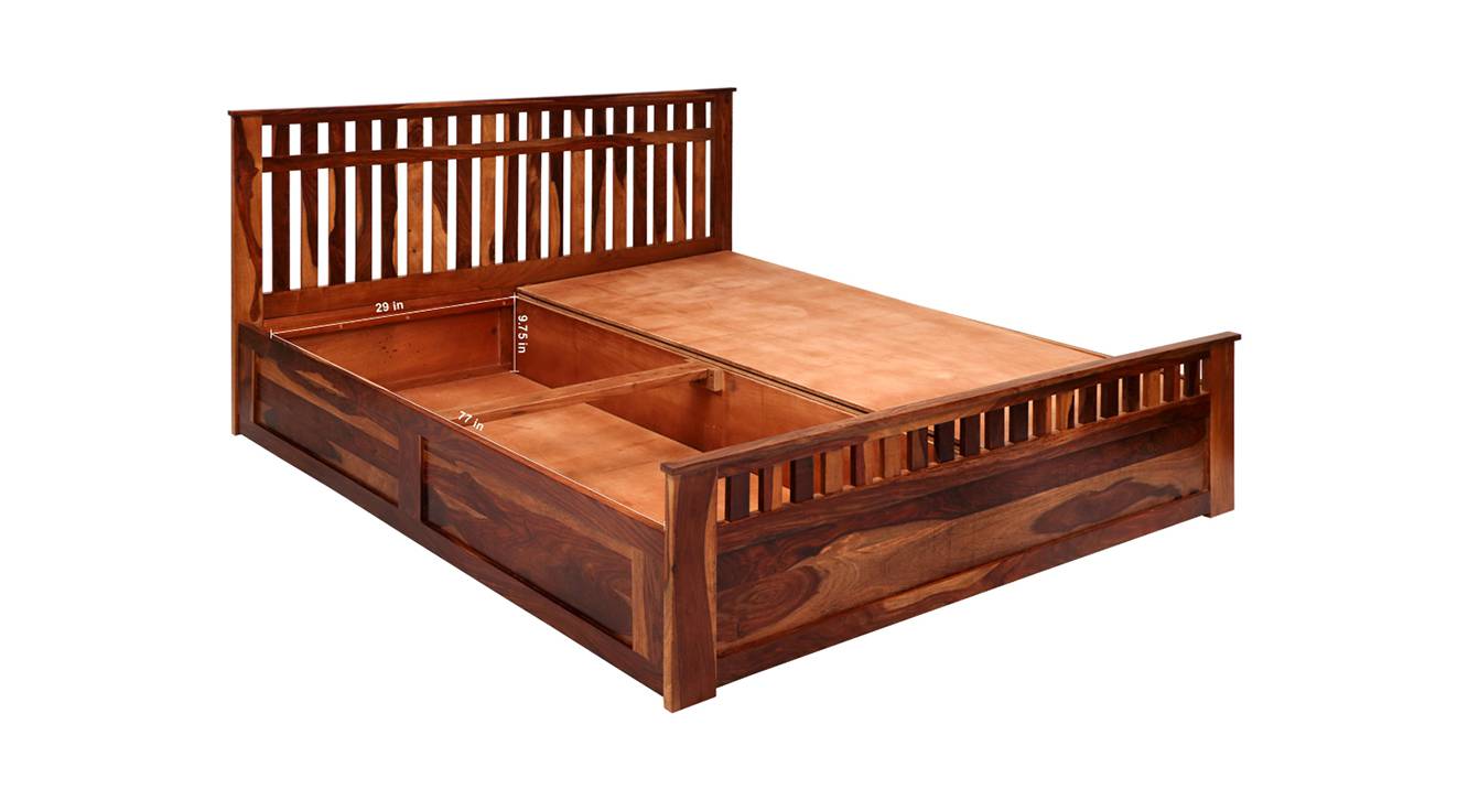 Beatrice Solid Wood Queen Size Box Storage Bed in Honey Finish Urban